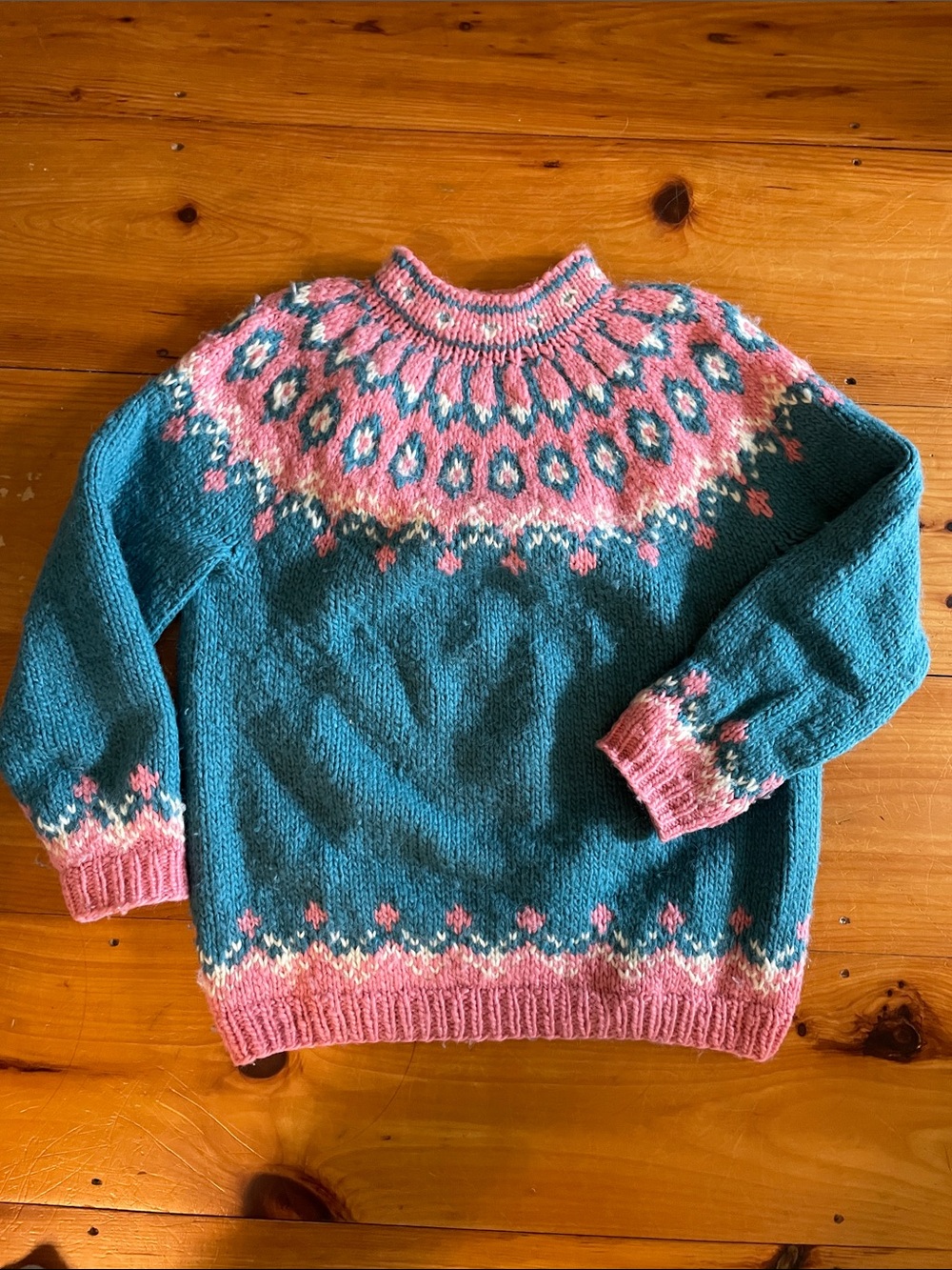 Hand Knit Teal and Pink Nordic-Style Wool Sweater